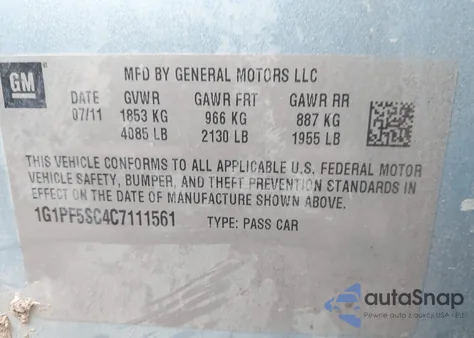 2012 Chevrolet Cruze Lt из США, поврежденный, VIN 1G1PF5SC4C7111561